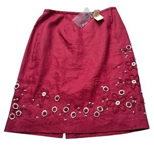 NWT VTG Ann Taylor Skirt Women's 4 Red Linen Knee Length 3D Floral 90s Deadstock